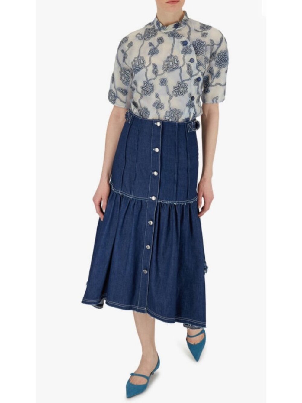 V-35. Chloe Denim Raw Edge Skirt Blue